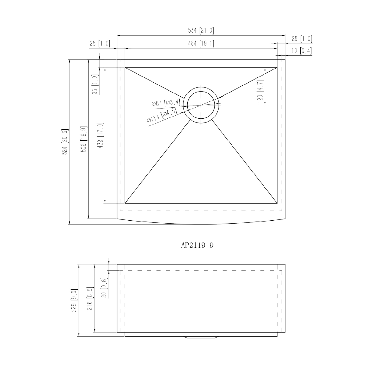 AP2119-9 Stainless Steel Apron Sink