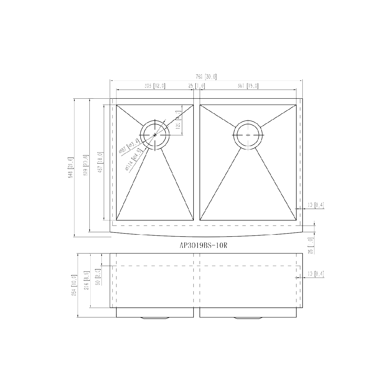 AP3019BS-10R Stainless Steel Apron Sink