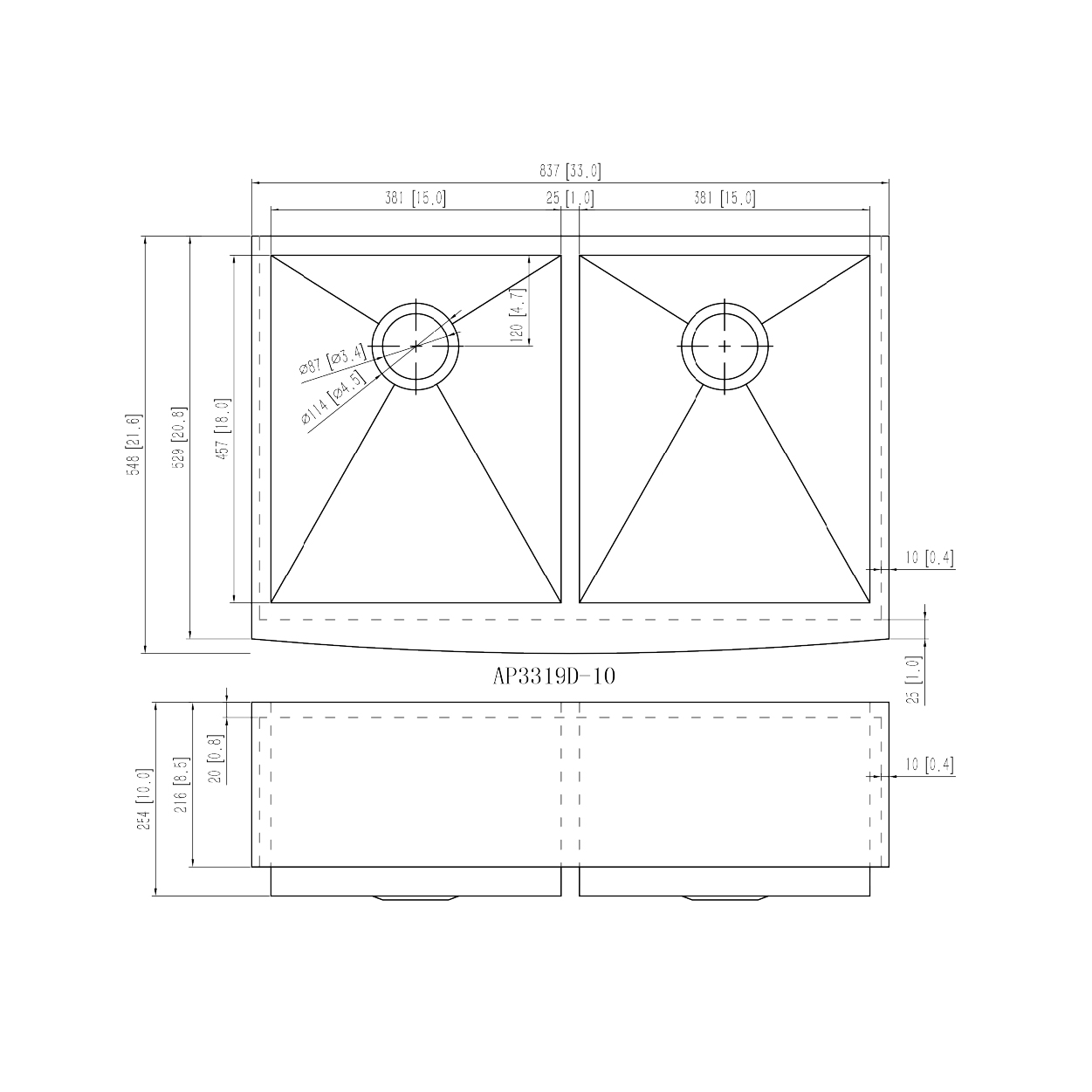AP3319D-10 Stainless Steel Apron Sink